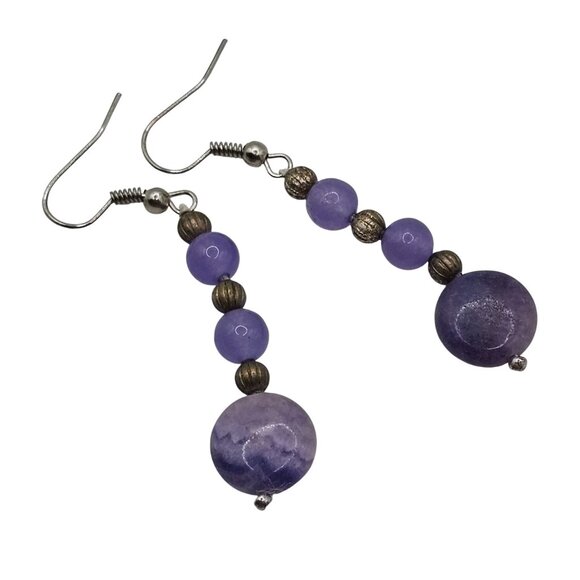 Purple Beaded Drop Dangle Earrings Amethyst Stacked Beaded Boho Round Hook Back - Picture 2 of 7